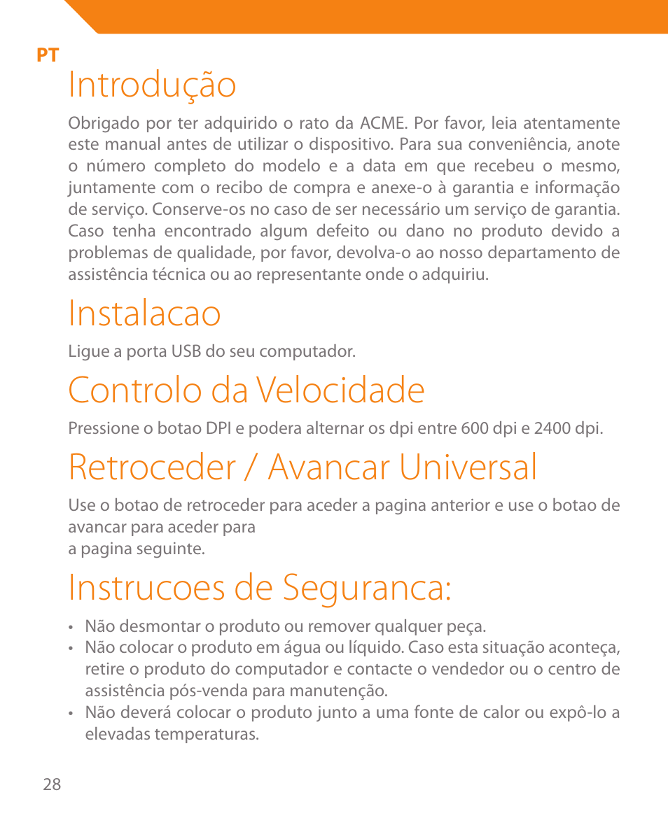 Introdução, Instalacao, Controlo da velocidade | Retroceder / avancar universal, Instrucoes de seguranca | Acme MA05 User Manual | Page 28 / 44