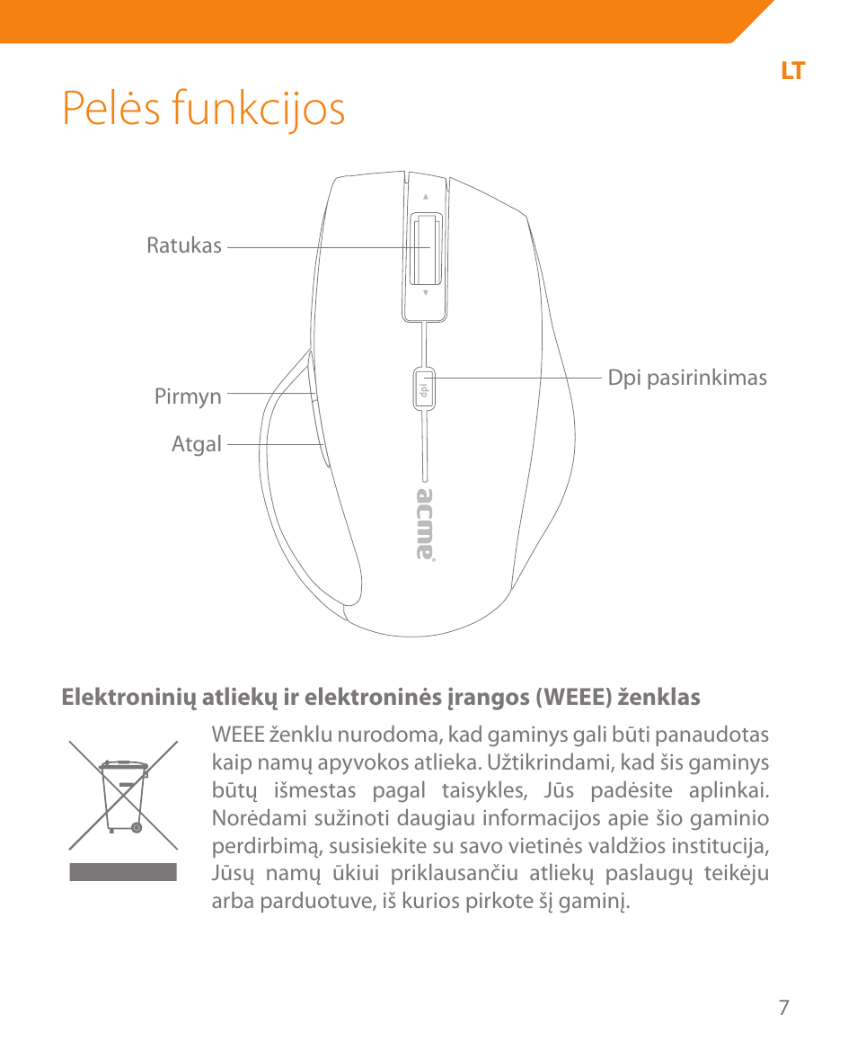 Pelės funkcijos | Acme MA05 User Manual | Page 7 / 44