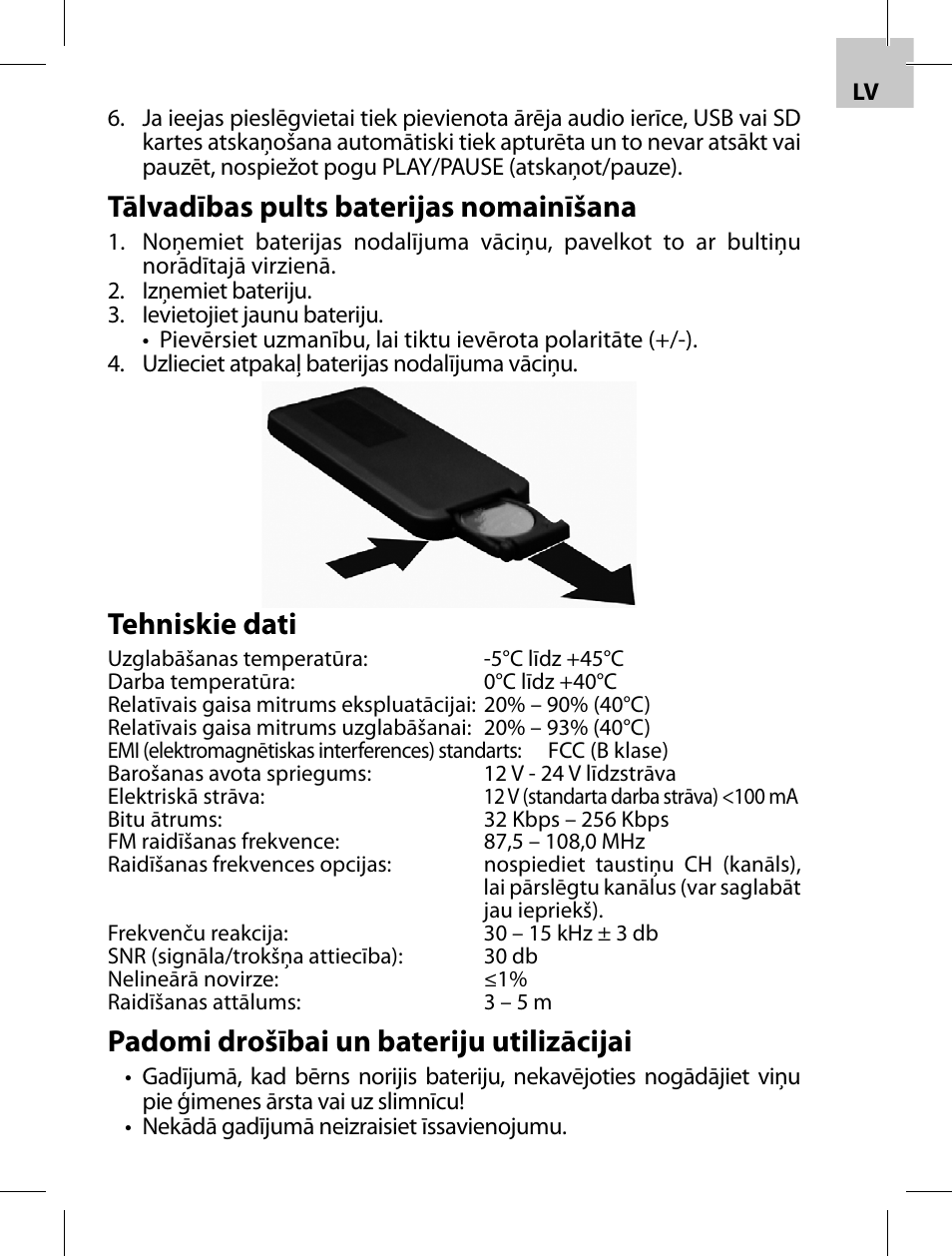 Tālvadības pults baterijas nomainīšana, Tehniskie dati, Padomi drošībai un bateriju utilizācijai | Acme F100-01 User Manual | Page 13 / 72