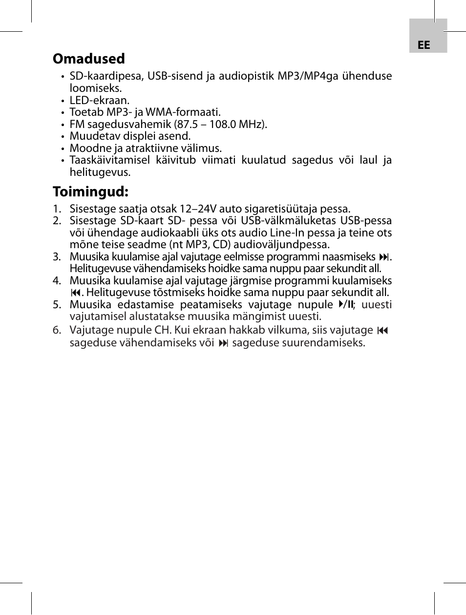 Omadused, Toimingud | Acme F100-01 User Manual | Page 15 / 72