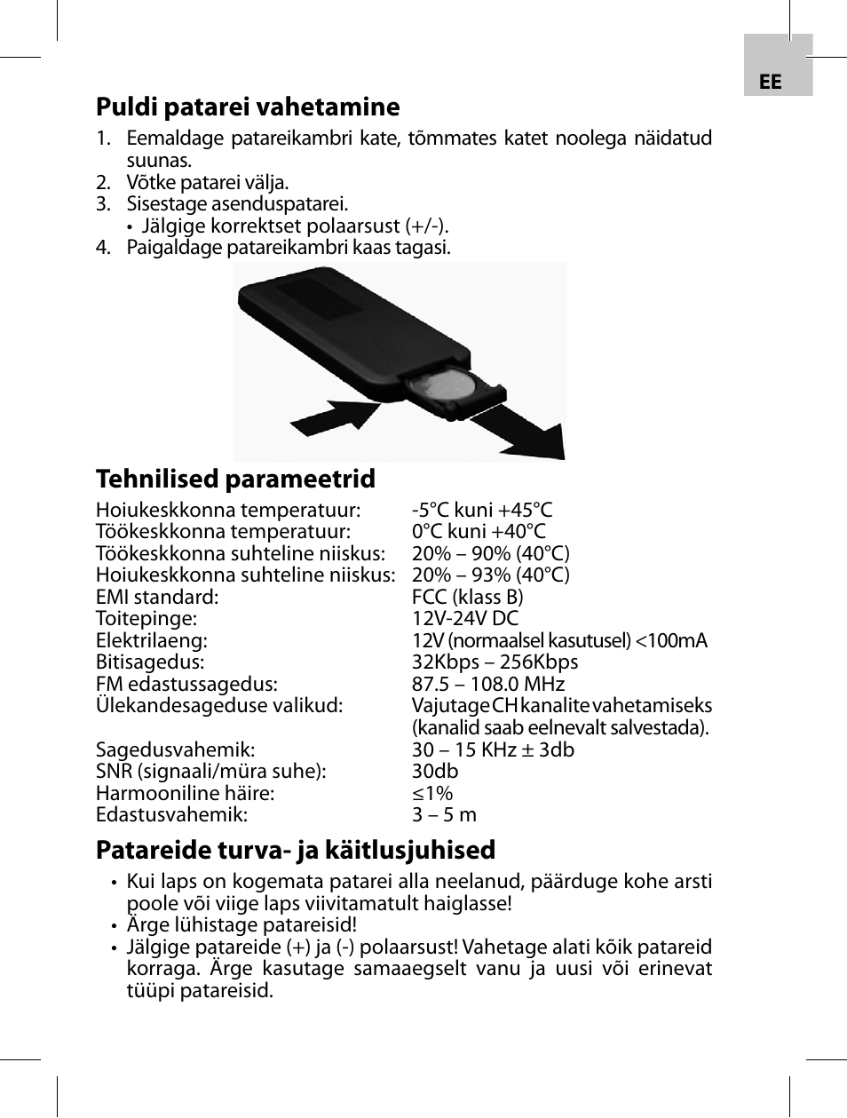 Puldi patarei vahetamine, Tehnilised parameetrid, Patareide turva- ja käitlusjuhised | Acme F100-01 User Manual | Page 17 / 72