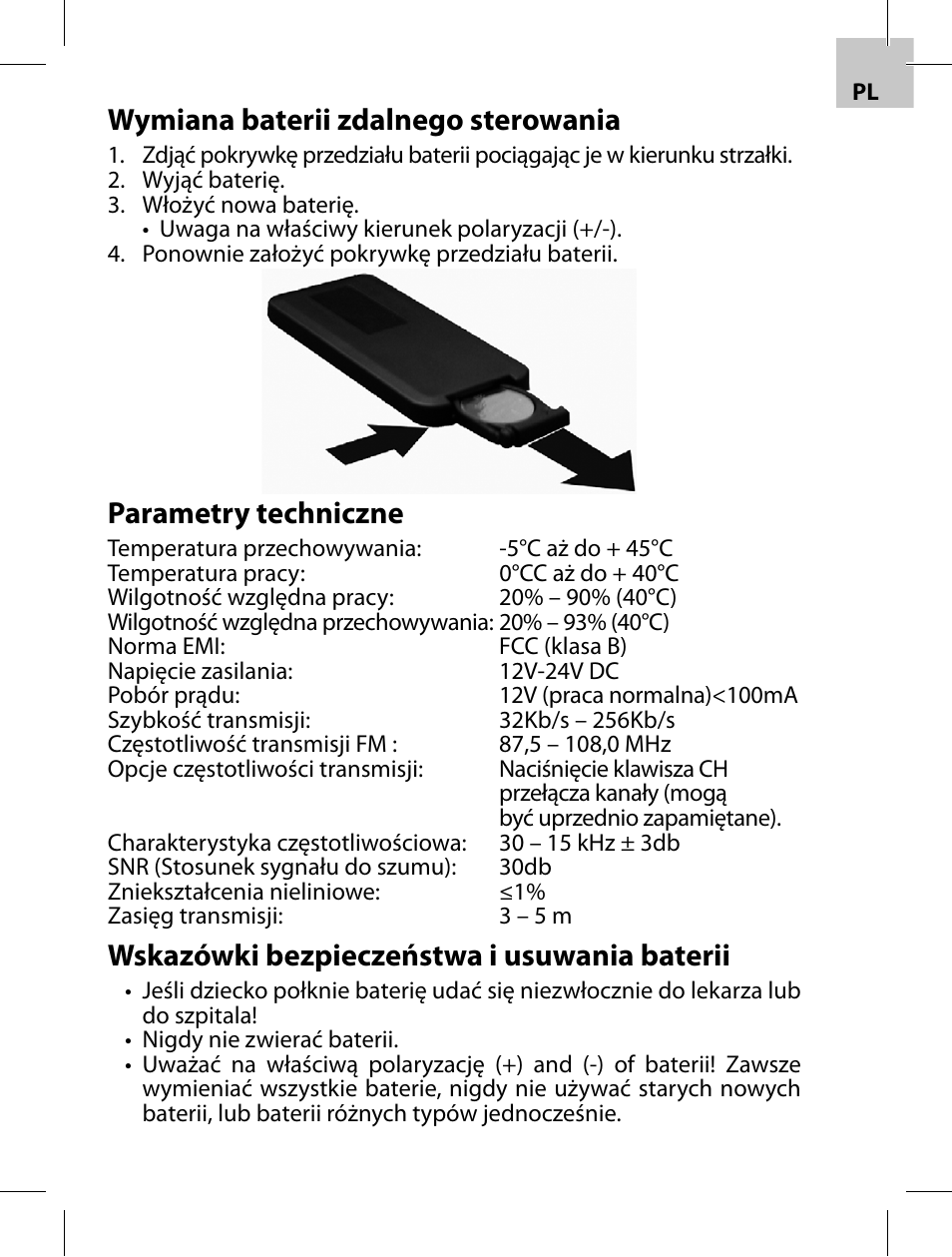 Wymiana baterii zdalnego sterowania, Parametry techniczne, Wskazówki bezpieczeństwa i usuwania baterii | Acme F100-01 User Manual | Page 25 / 72