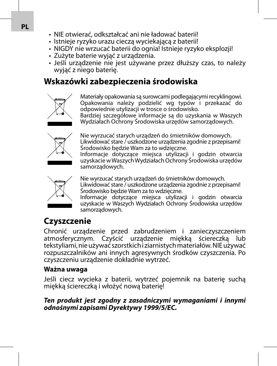 Wskazówki zabezpieczenia środowiska, Czyszczenie | Acme F100-01 User Manual | Page 26 / 72