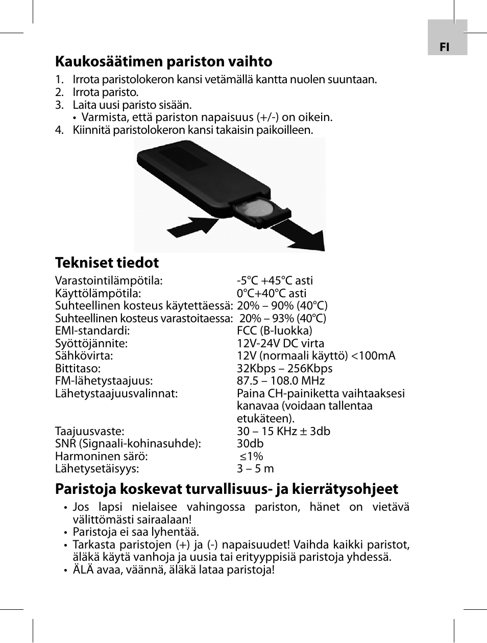 Kaukosäätimen pariston vaihto, Tekniset tiedot | Acme F100-01 User Manual | Page 29 / 72