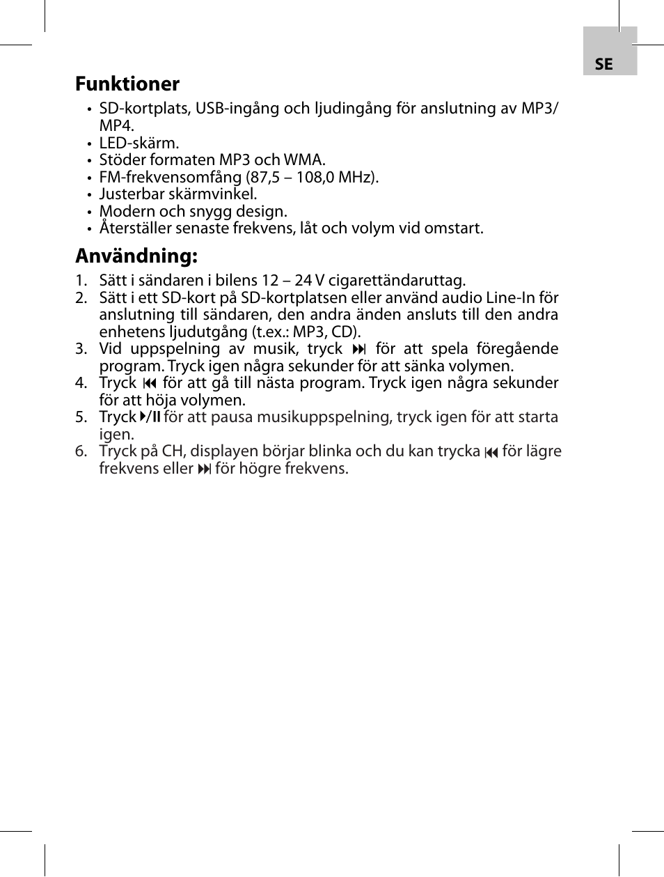 Funktioner, Användning | Acme F100-01 User Manual | Page 31 / 72