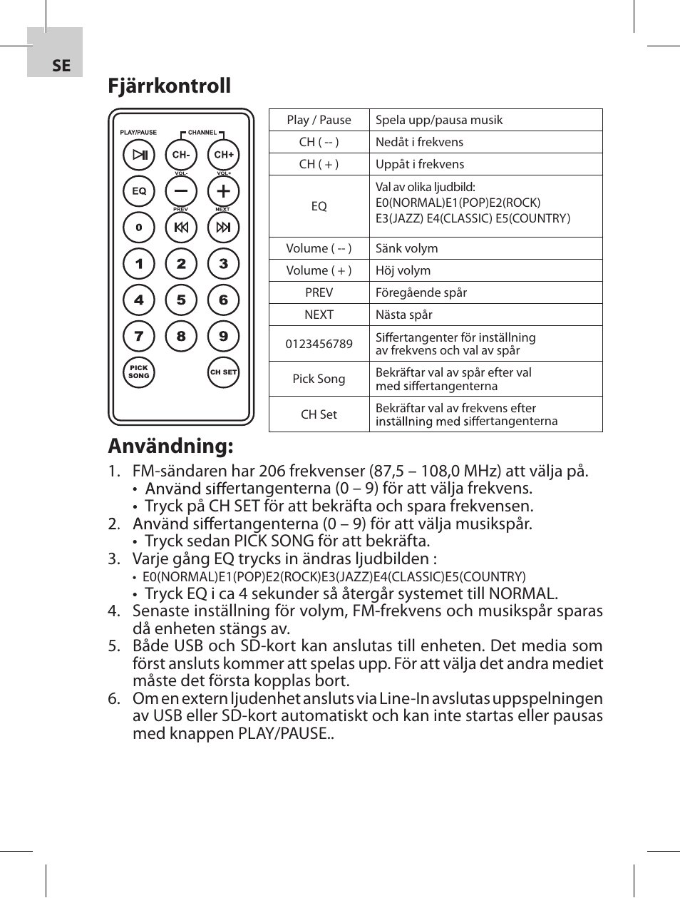 Fjärrkontroll, Användning | Acme F100-01 User Manual | Page 32 / 72