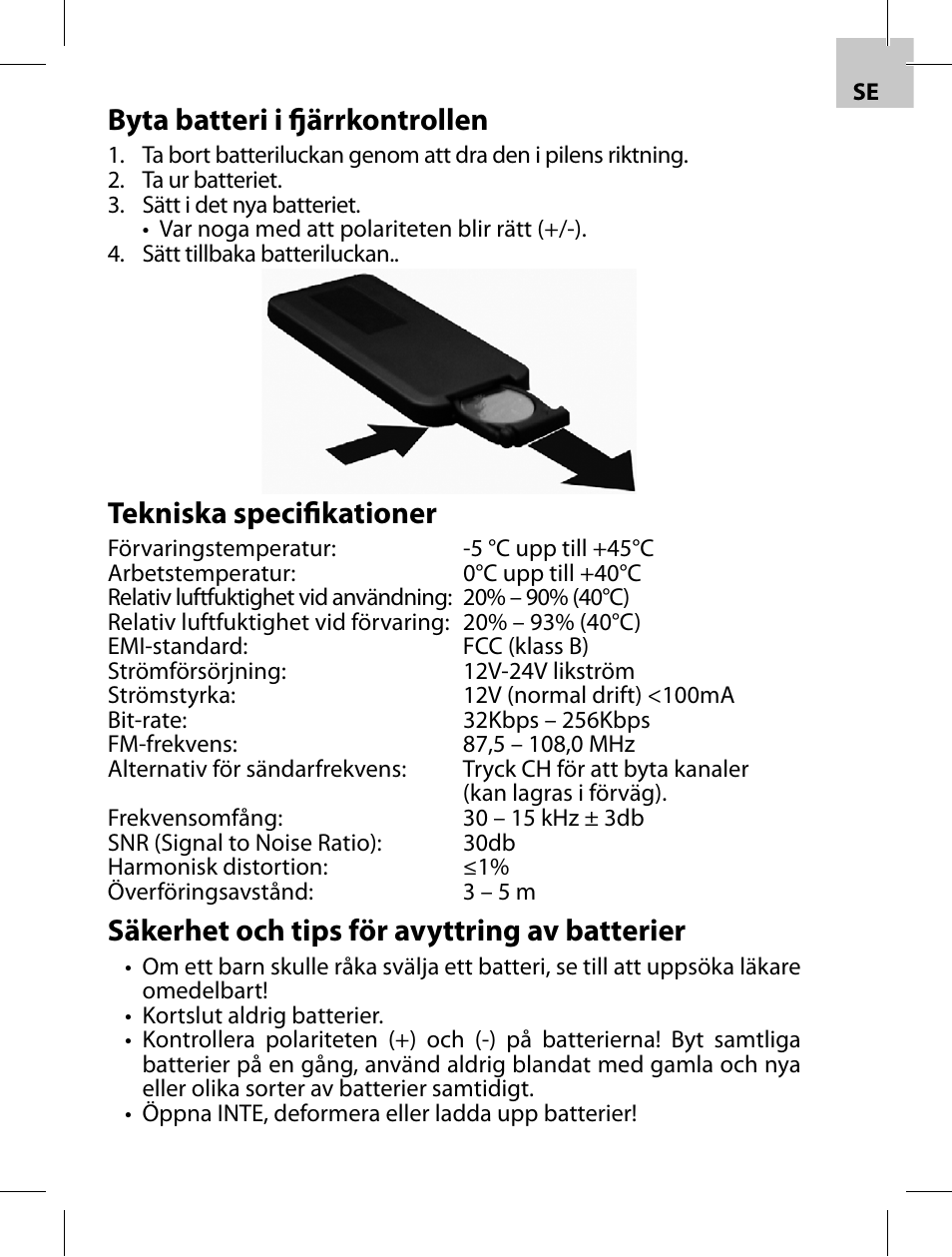 Byta batteri i fj ärrkontrollen, Tekniska specifi kationer, Säkerhet och tips för avyttring av batterier | Acme F100-01 User Manual | Page 33 / 72