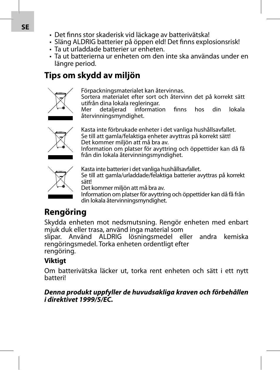 Tips om skydd av miljön, Rengöring | Acme F100-01 User Manual | Page 34 / 72