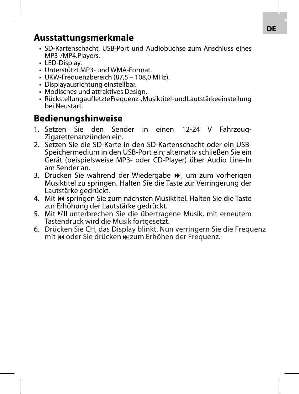 Ausstattungsmerkmale, Bedienungshinweise | Acme F100-01 User Manual | Page 35 / 72