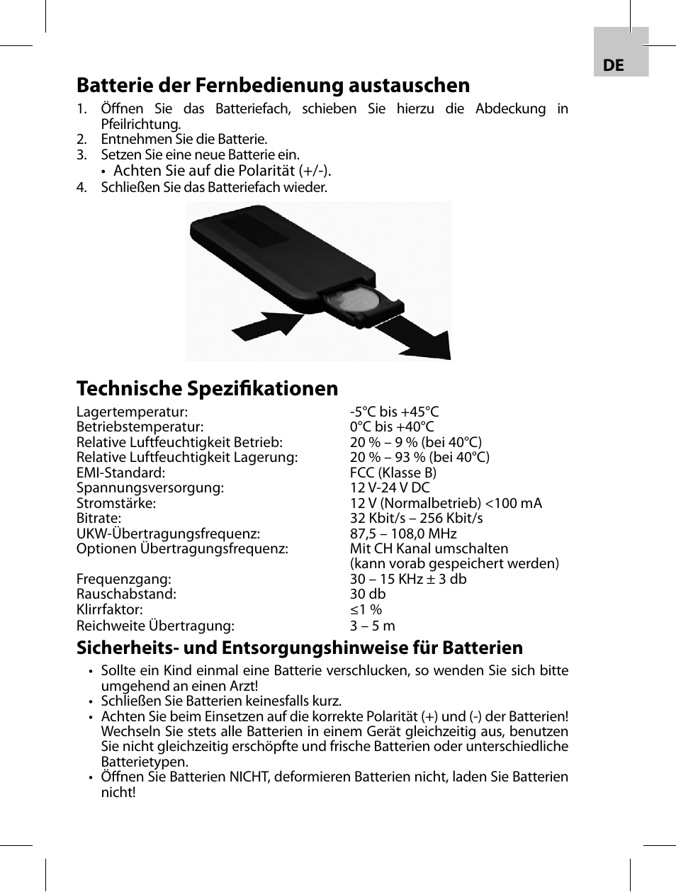 Batterie der fernbedienung austauschen, Technische spezifi kationen, Sicherheits- und entsorgungshinweise für batterien | Acme F100-01 User Manual | Page 37 / 72