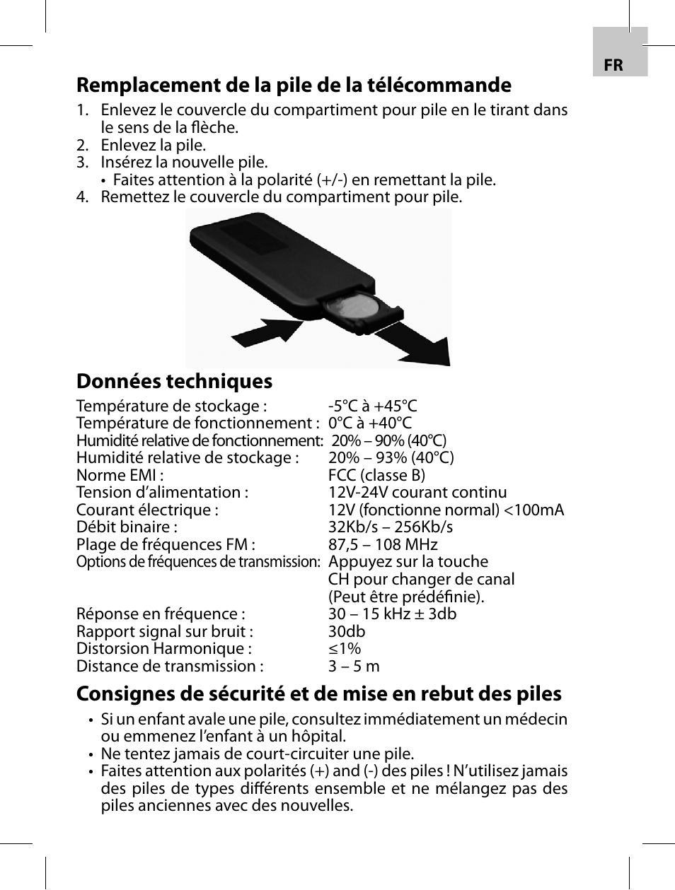 Remplacement de la pile de la télécommande, Données techniques | Acme F100-01 User Manual | Page 41 / 72