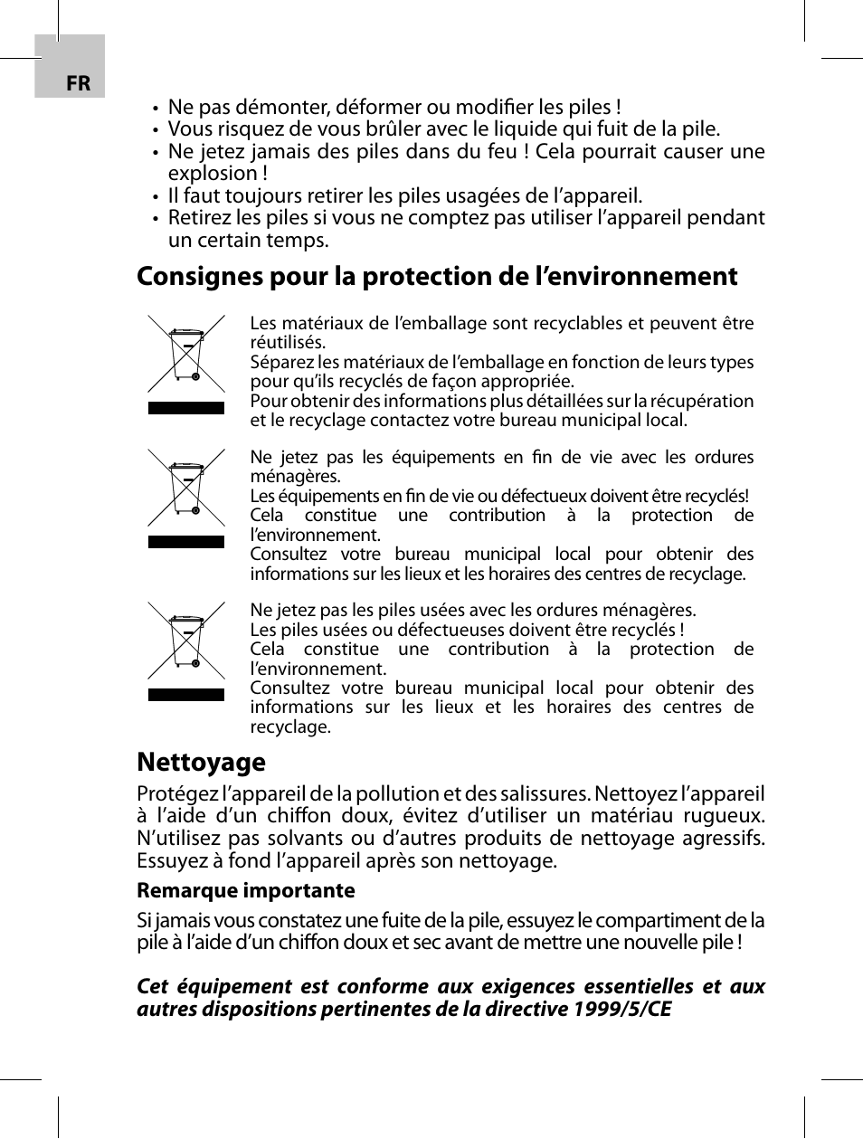 Consignes pour la protection de l’environnement, Nettoyage | Acme F100-01 User Manual | Page 42 / 72