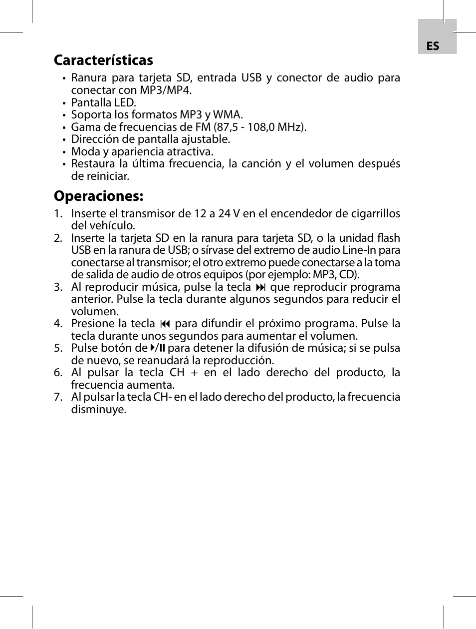 Características, Operaciones | Acme F100-01 User Manual | Page 43 / 72