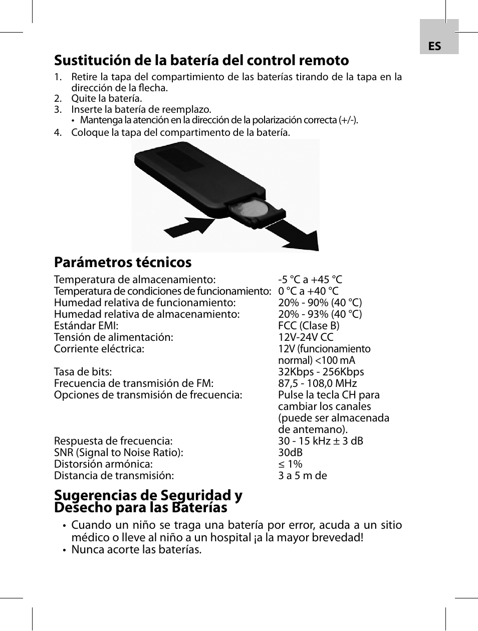 Sustitución de la batería del control remoto, Parámetros técnicos | Acme F100-01 User Manual | Page 45 / 72