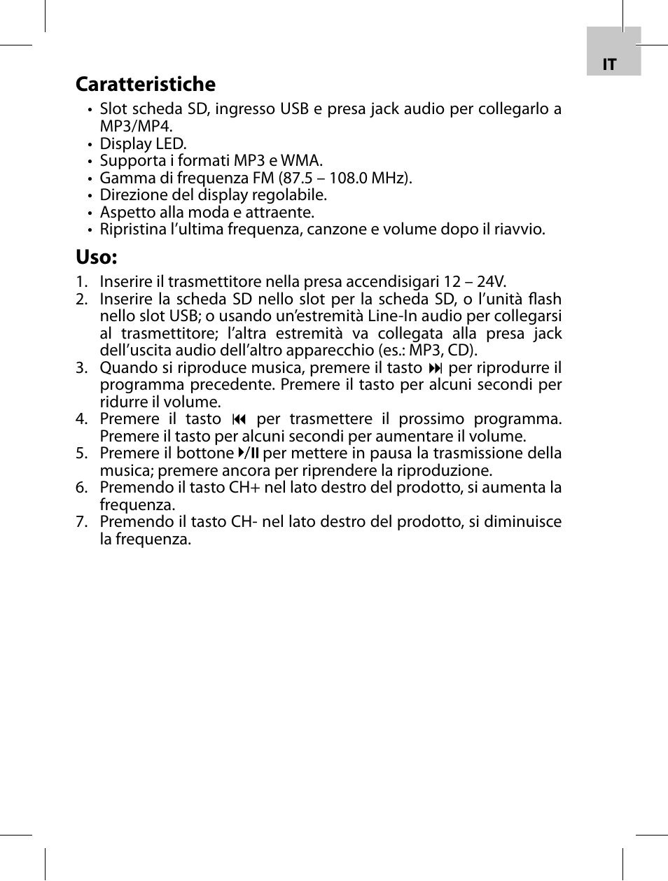 Caratteristiche | Acme F100-01 User Manual | Page 47 / 72