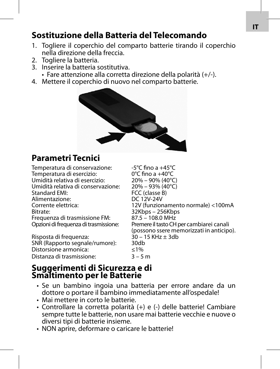 Sostituzione della batteria del telecomando, Parametri tecnici | Acme F100-01 User Manual | Page 49 / 72