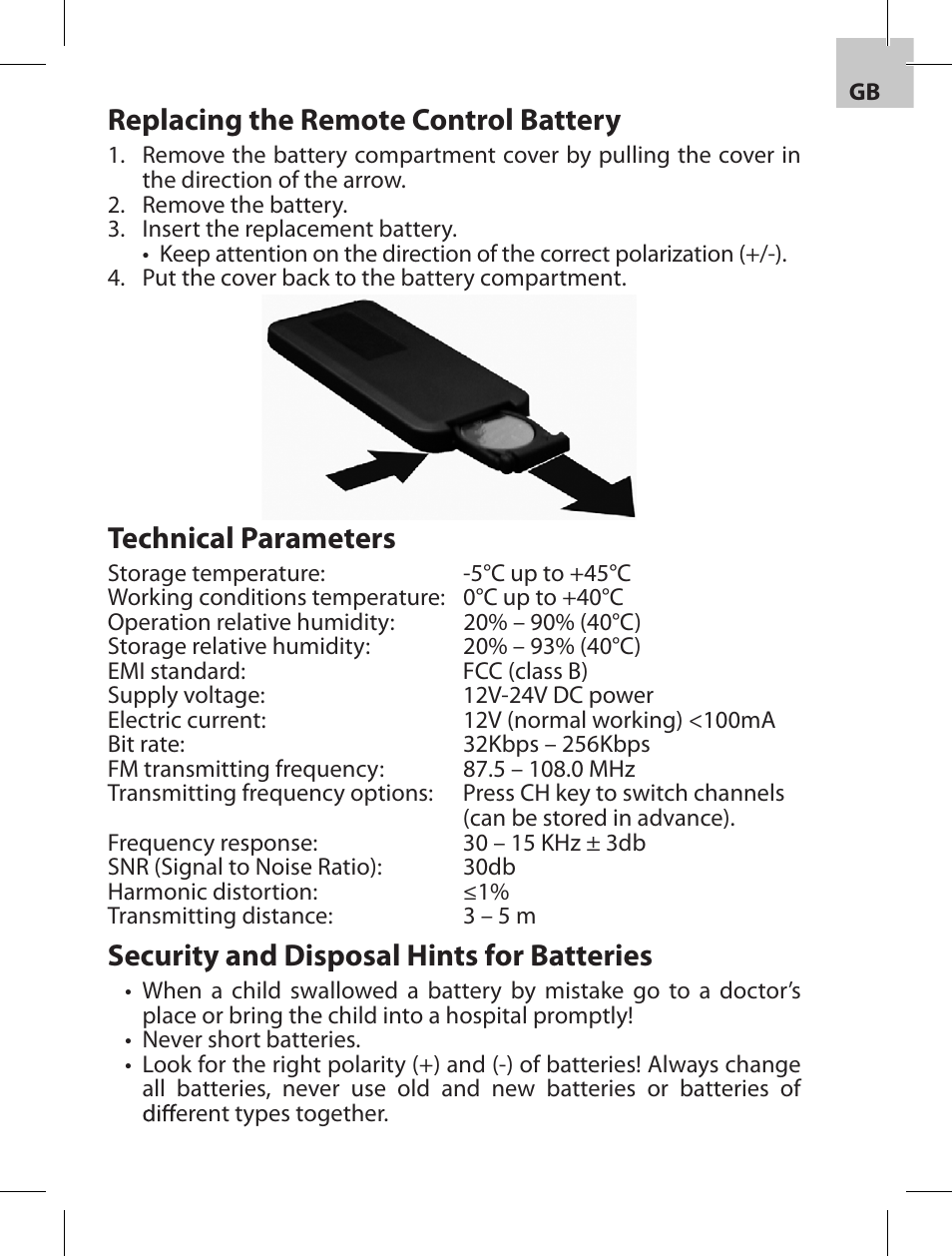 Replacing the remote control battery, Technical parameters, Security and disposal hints for batteries | Acme F100-01 User Manual | Page 5 / 72