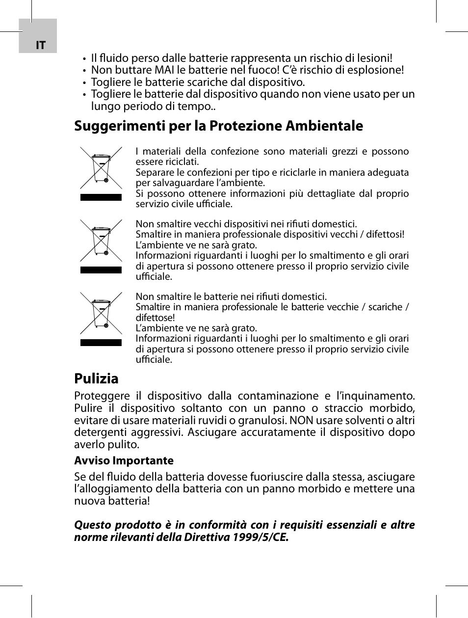 Suggerimenti per la protezione ambientale, Pulizia | Acme F100-01 User Manual | Page 50 / 72