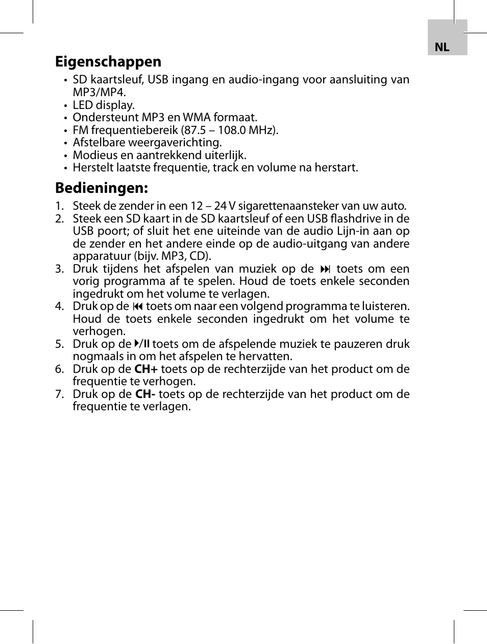 Eigenschappen, Bedieningen | Acme F100-01 User Manual | Page 51 / 72