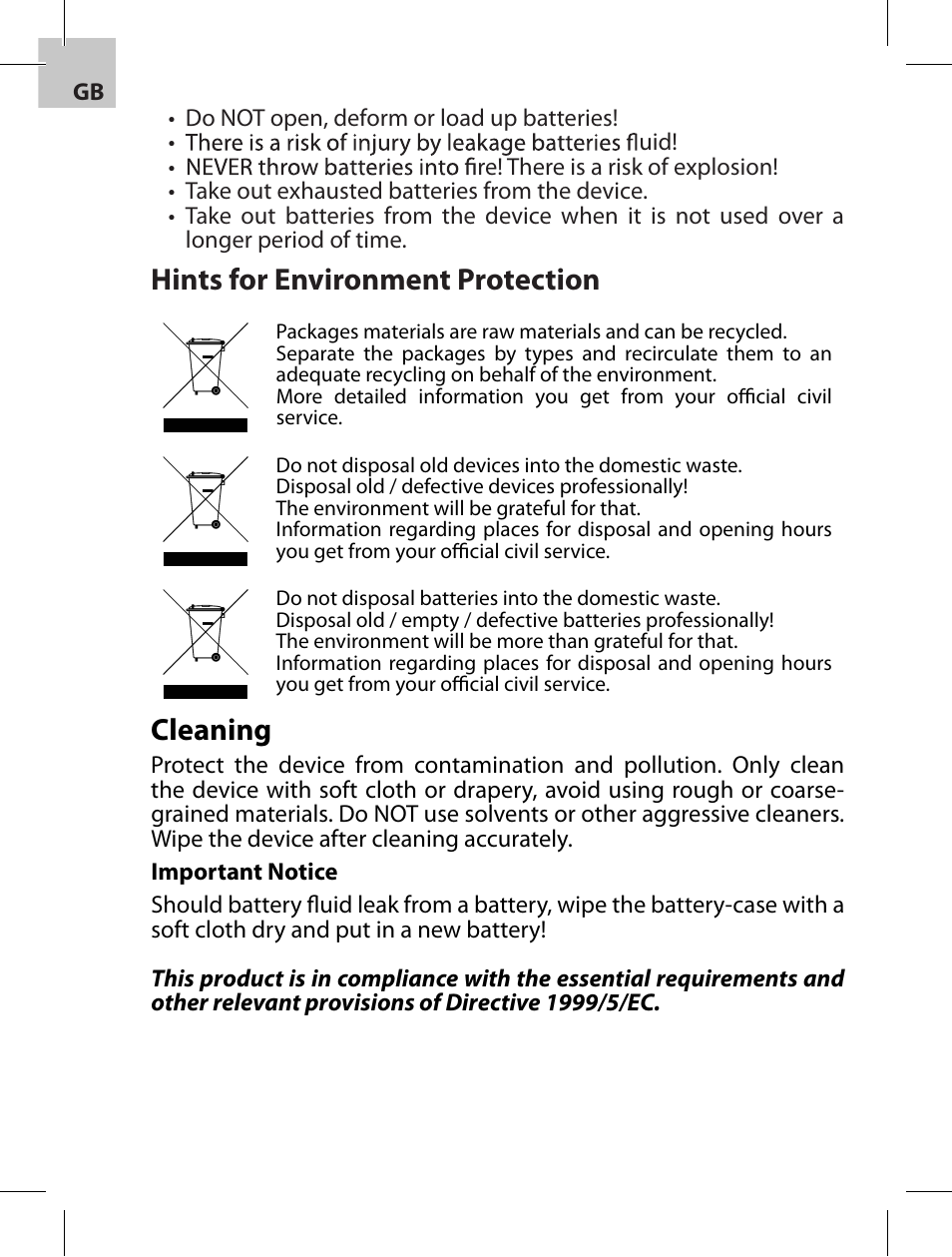 Hints for environment protection, Cleaning | Acme F100-01 User Manual | Page 6 / 72