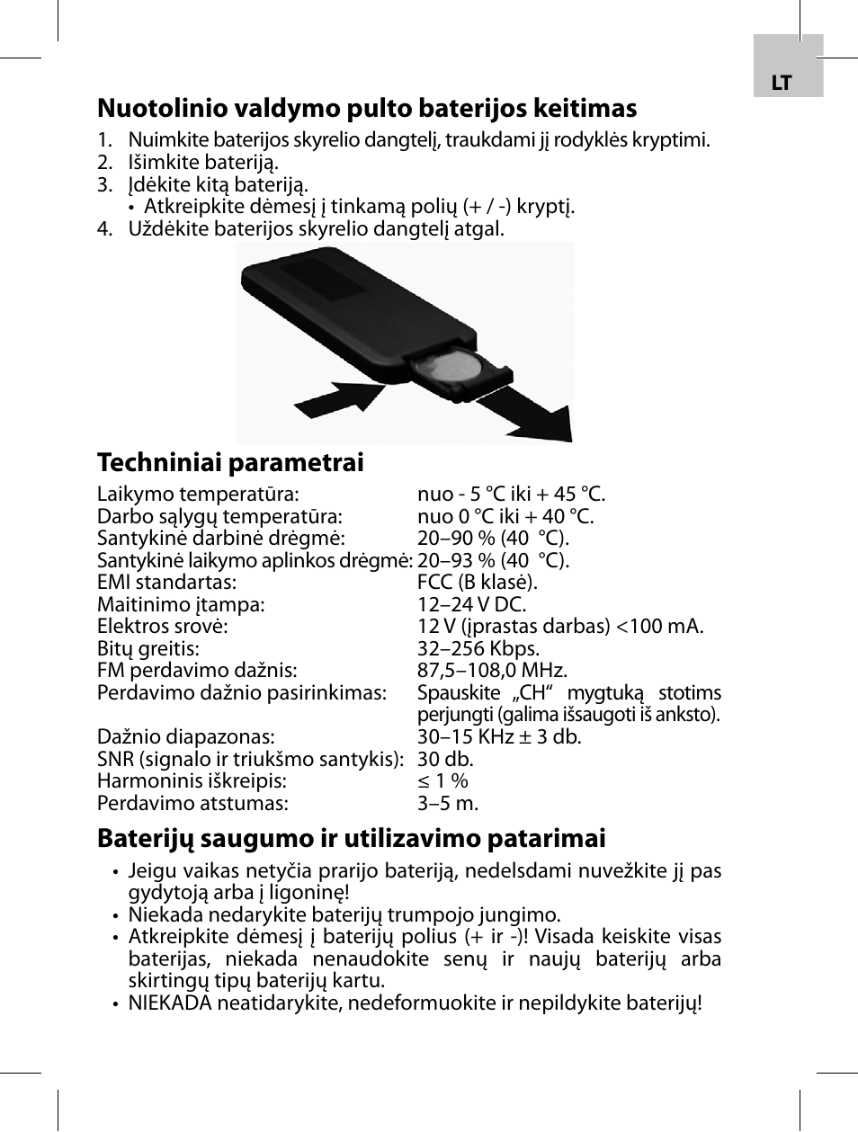 Nuotolinio valdymo pulto baterijos keitimas, Techniniai parametrai, Baterijų saugumo ir utilizavimo patarimai | Acme F100-01 User Manual | Page 9 / 72