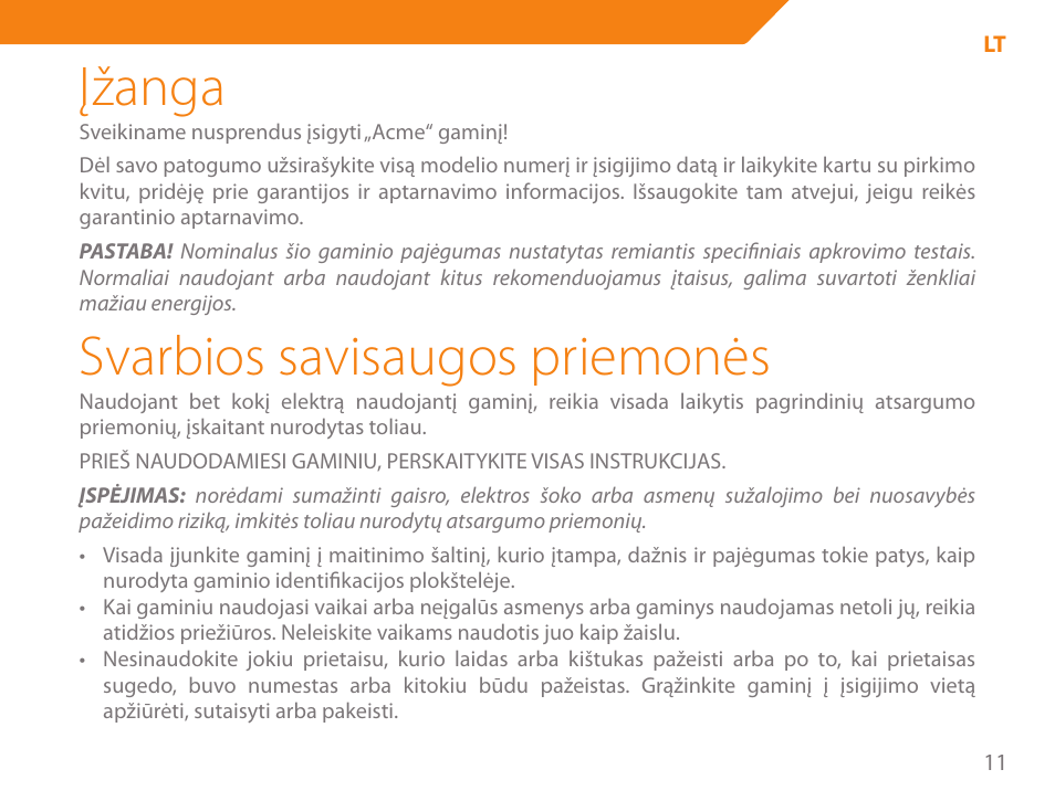 Įžanga, Svarbios savisaugos priemonės | Acme GE200 User Manual | Page 11 / 102