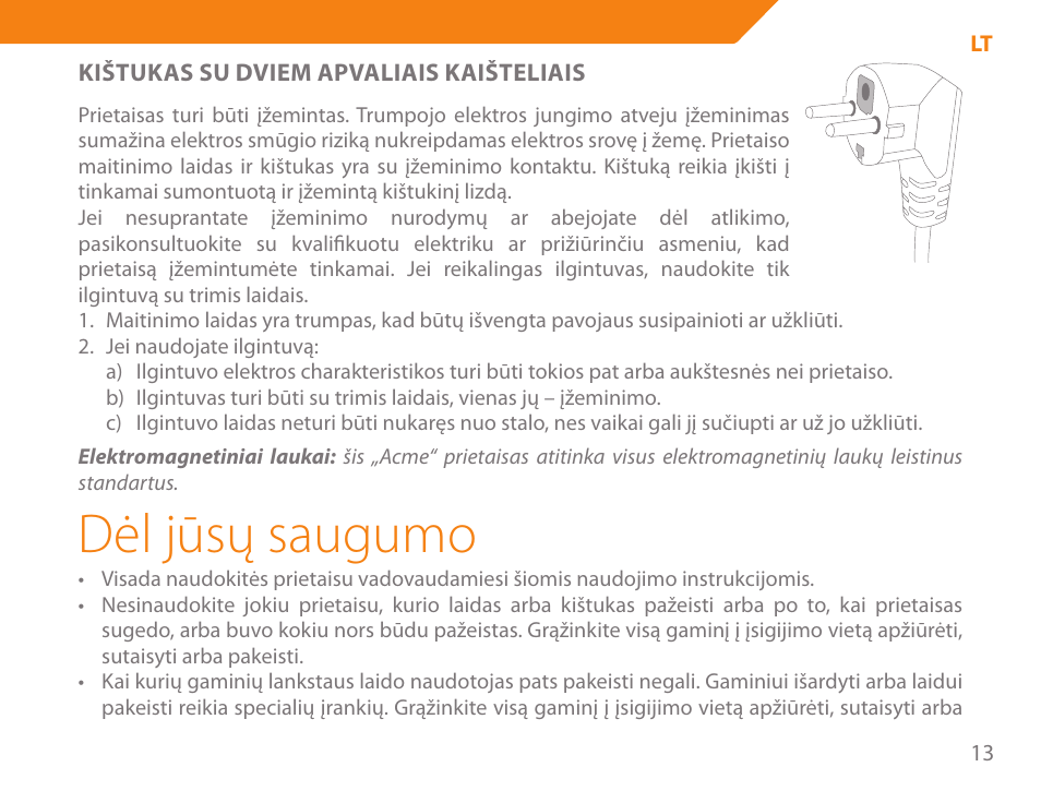 Dėl jūsų saugumo | Acme GE200 User Manual | Page 13 / 102