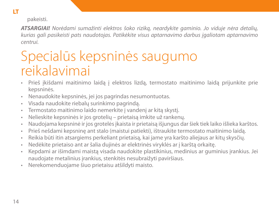 Specialūs kepsninės saugumo reikalavimai | Acme GE200 User Manual | Page 14 / 102