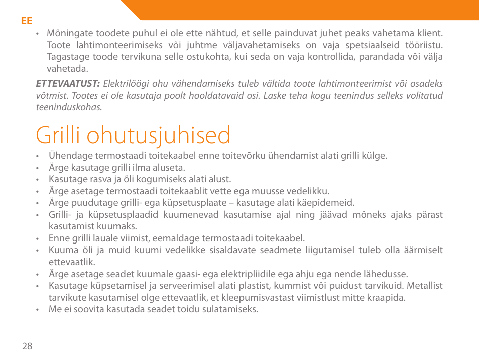 Grilli ohutusjuhised | Acme GE200 User Manual | Page 28 / 102