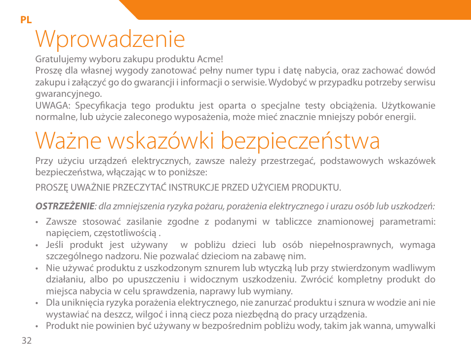 Wprowadzenie, Ważne wskazówki bezpieczeństwa | Acme GE200 User Manual | Page 32 / 102