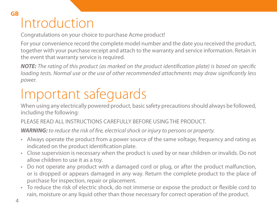 Introduction, Important safeguards | Acme GE200 User Manual | Page 4 / 102