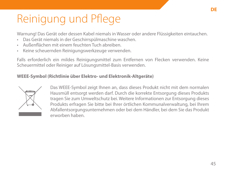 Reinigung und pflege | Acme GE200 User Manual | Page 45 / 102