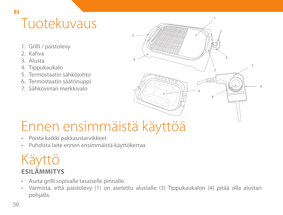 Tuotekuvaus, Ennen ensimmäistä käyttöä, Käyttö | Acme GE200 User Manual | Page 50 / 102