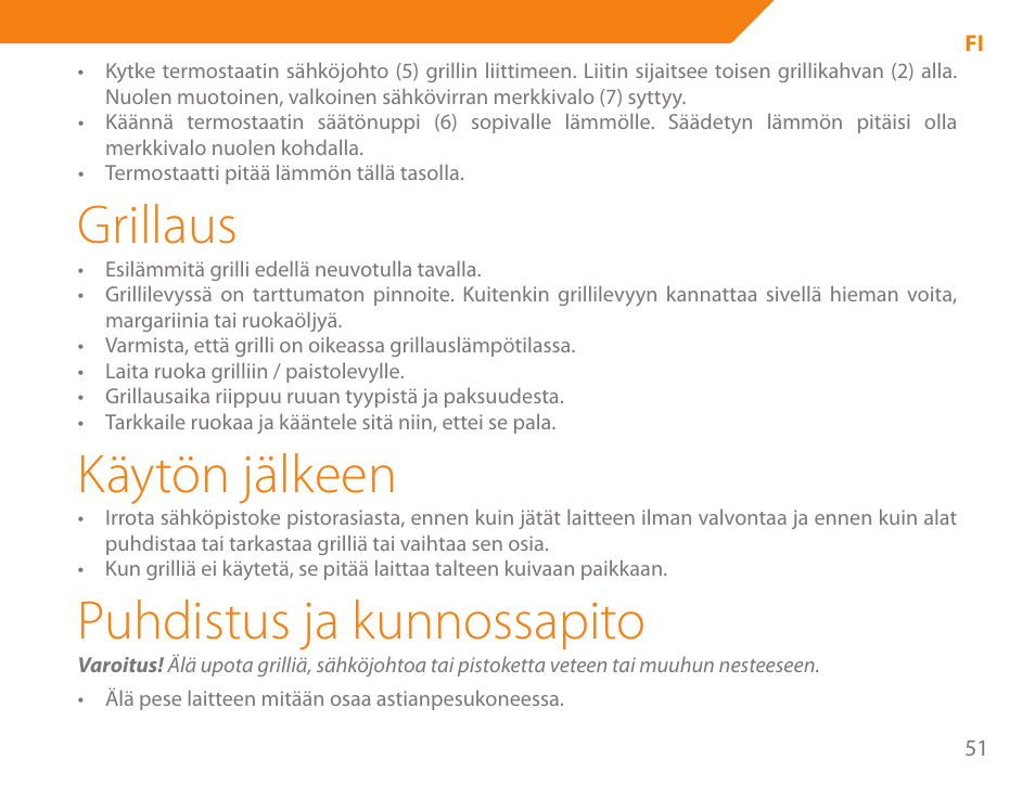 Grillaus, Käytön jälkeen, Puhdistus ja kunnossapito | Acme GE200 User Manual | Page 51 / 102