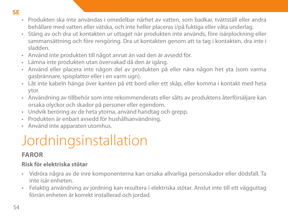 Jordningsinstallation | Acme GE200 User Manual | Page 54 / 102