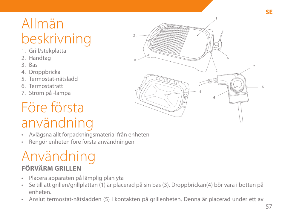 Allmän beskrivning, Före första användning, Användning | Acme GE200 User Manual | Page 57 / 102