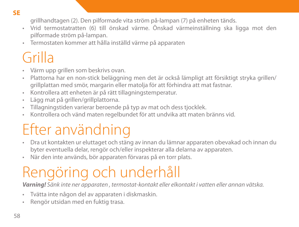 Grilla, Efter användning, Rengöring och underhåll | Acme GE200 User Manual | Page 58 / 102