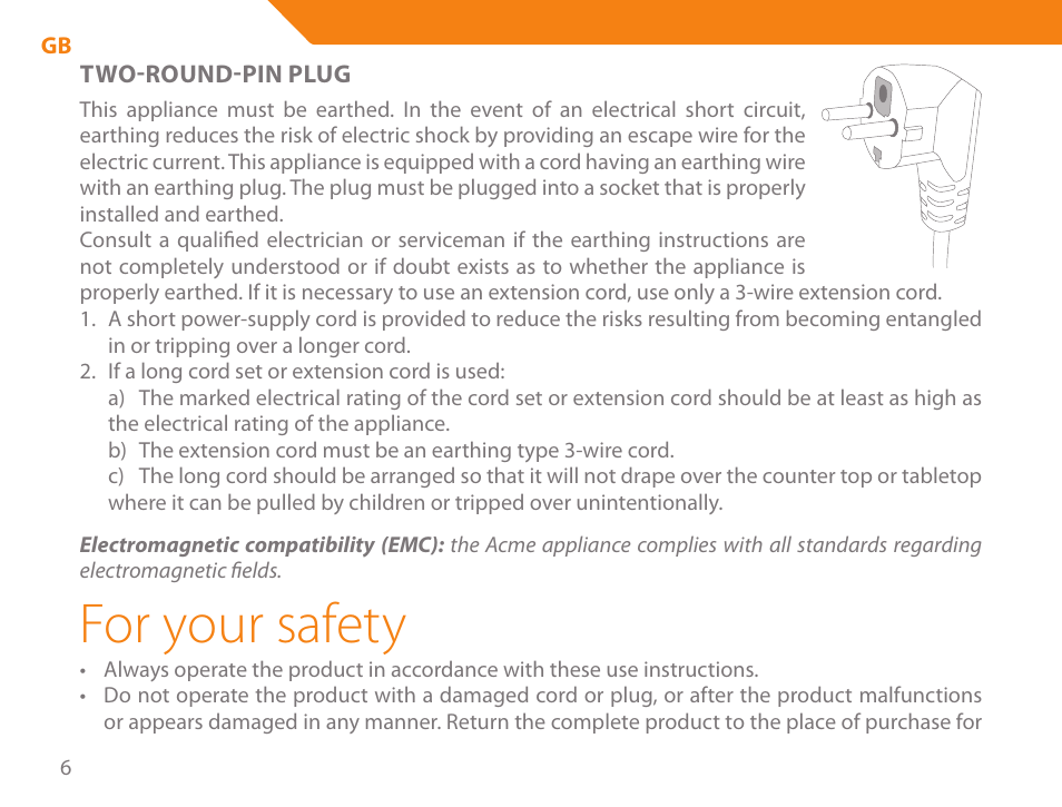 For your safety | Acme GE200 User Manual | Page 6 / 102