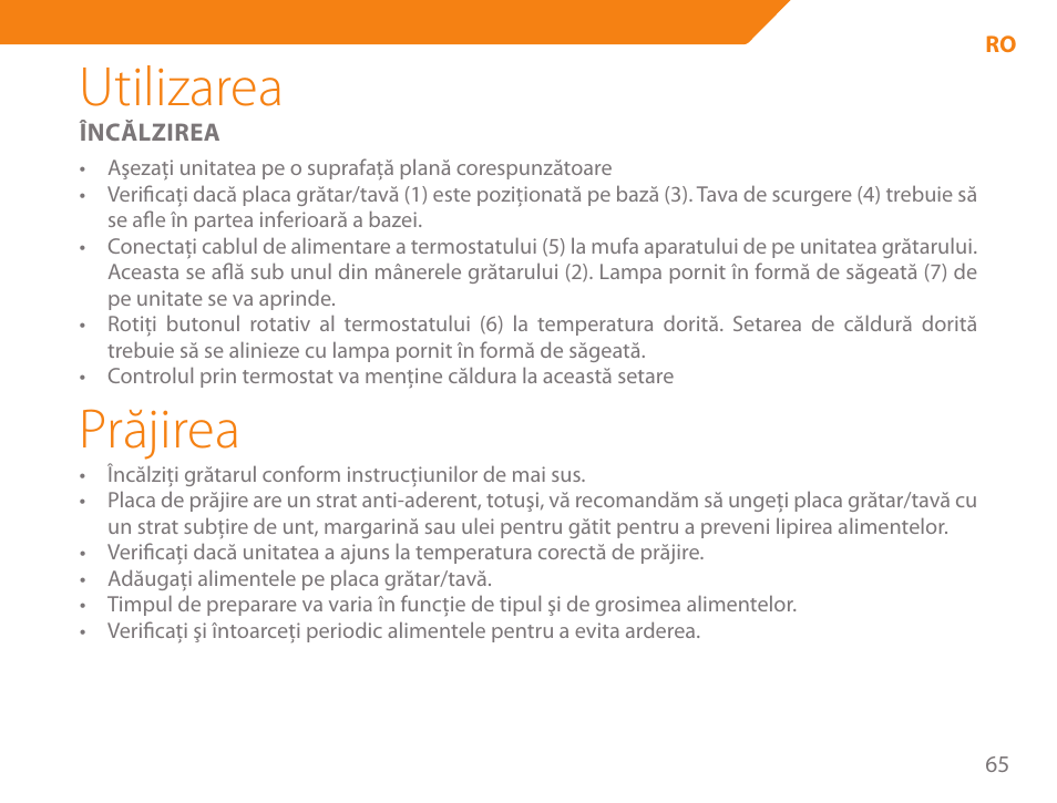 Utilizarea, Prăjirea | Acme GE200 User Manual | Page 65 / 102