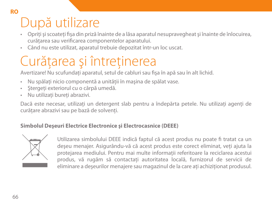 După utilizare, Curăţarea şi întreţinerea | Acme GE200 User Manual | Page 66 / 102