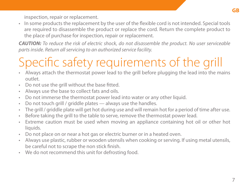 Specific safety requirements of the grill | Acme GE200 User Manual | Page 7 / 102