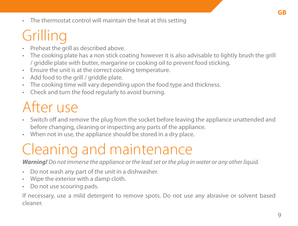 Grilling, After use, Cleaning and maintenance | Acme GE200 User Manual | Page 9 / 102