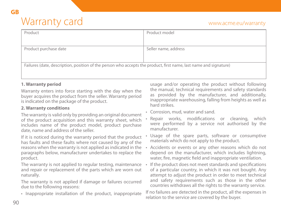 Warranty card | Acme GE200 User Manual | Page 90 / 102