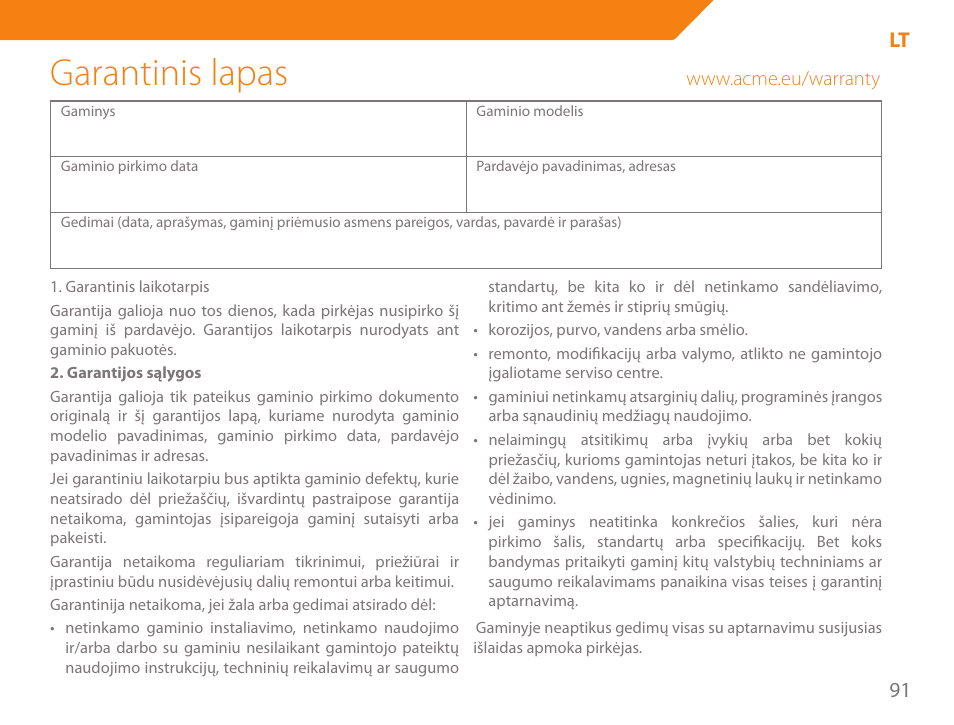 Garantinis lapas, 91 lt | Acme GE200 User Manual | Page 91 / 102