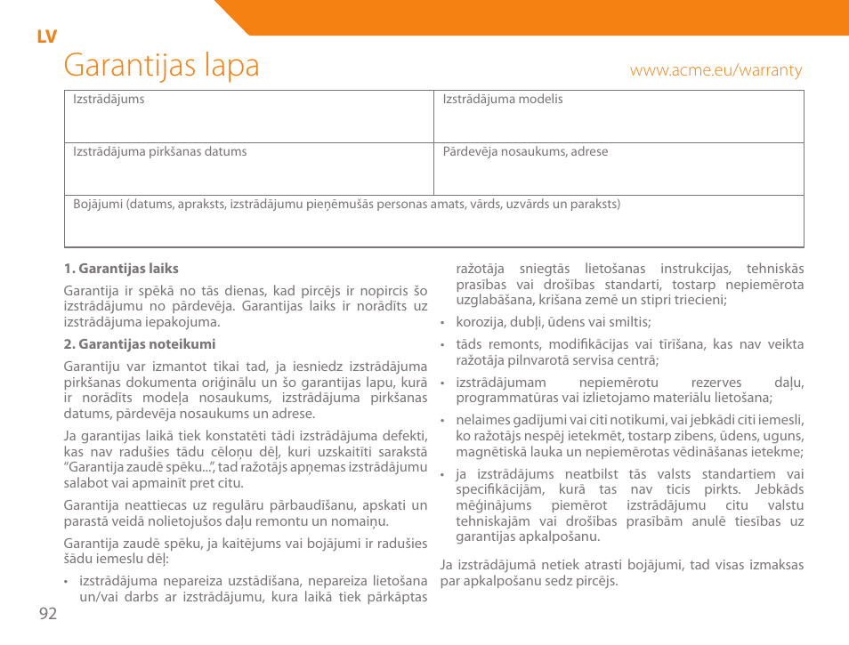 Garantijas lapa | Acme GE200 User Manual | Page 92 / 102