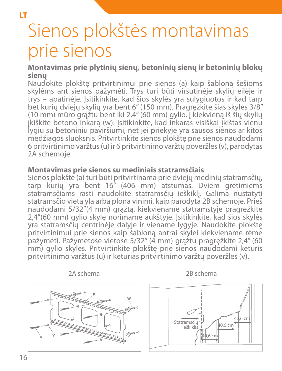 Sienos plokštės montavimas prie sienos | Acme PLB103B User Manual | Page 16 / 102