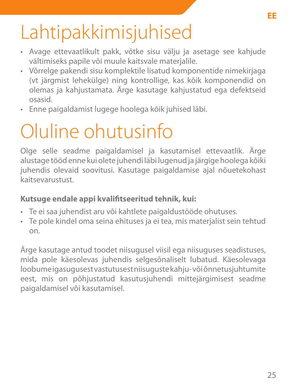 Lahtipakkimisjuhised, Oluline ohutusinfo | Acme PLB103B User Manual | Page 25 / 102