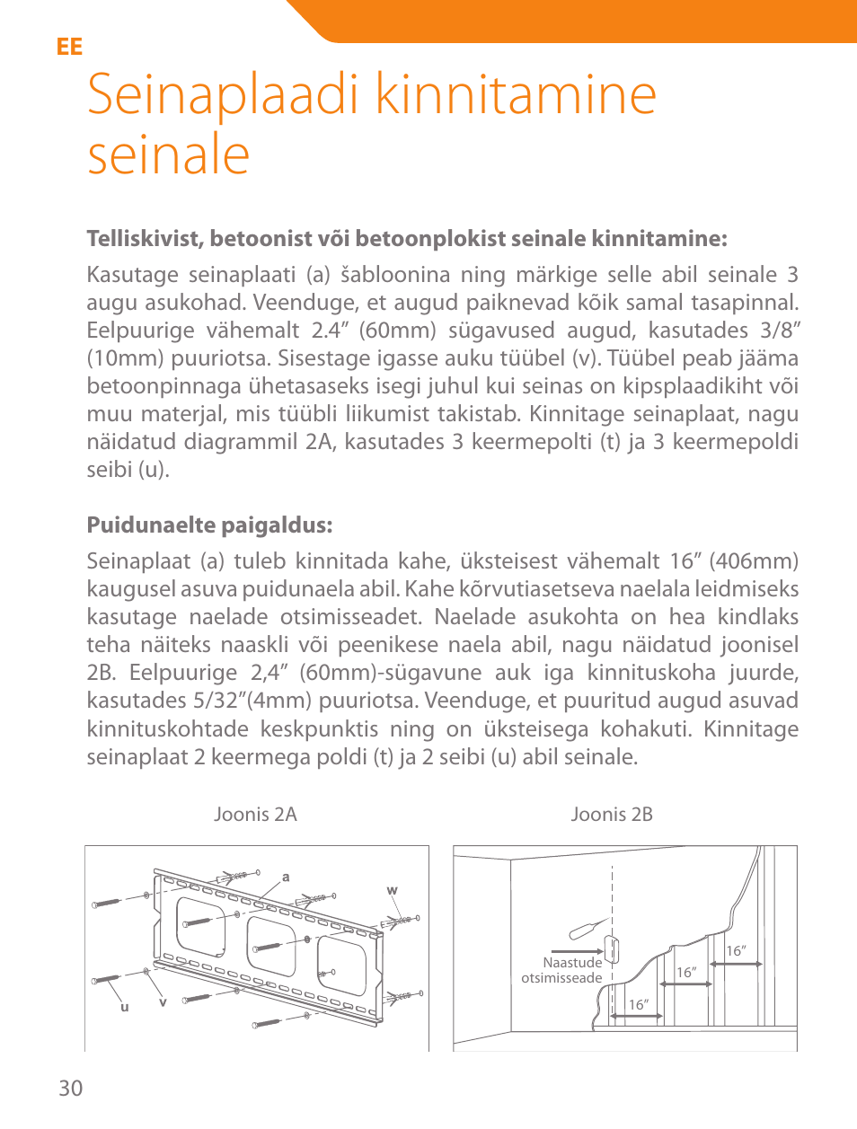 Seinaplaadi kinnitamine seinale | Acme PLB103B User Manual | Page 30 / 102