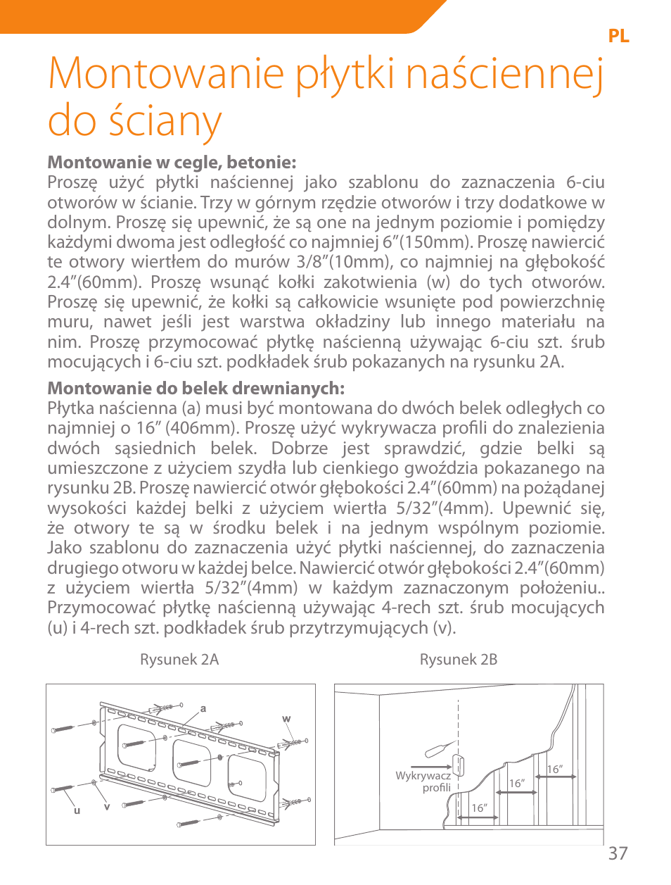 Montowanie płytki naściennej do ściany | Acme PLB103B User Manual | Page 37 / 102