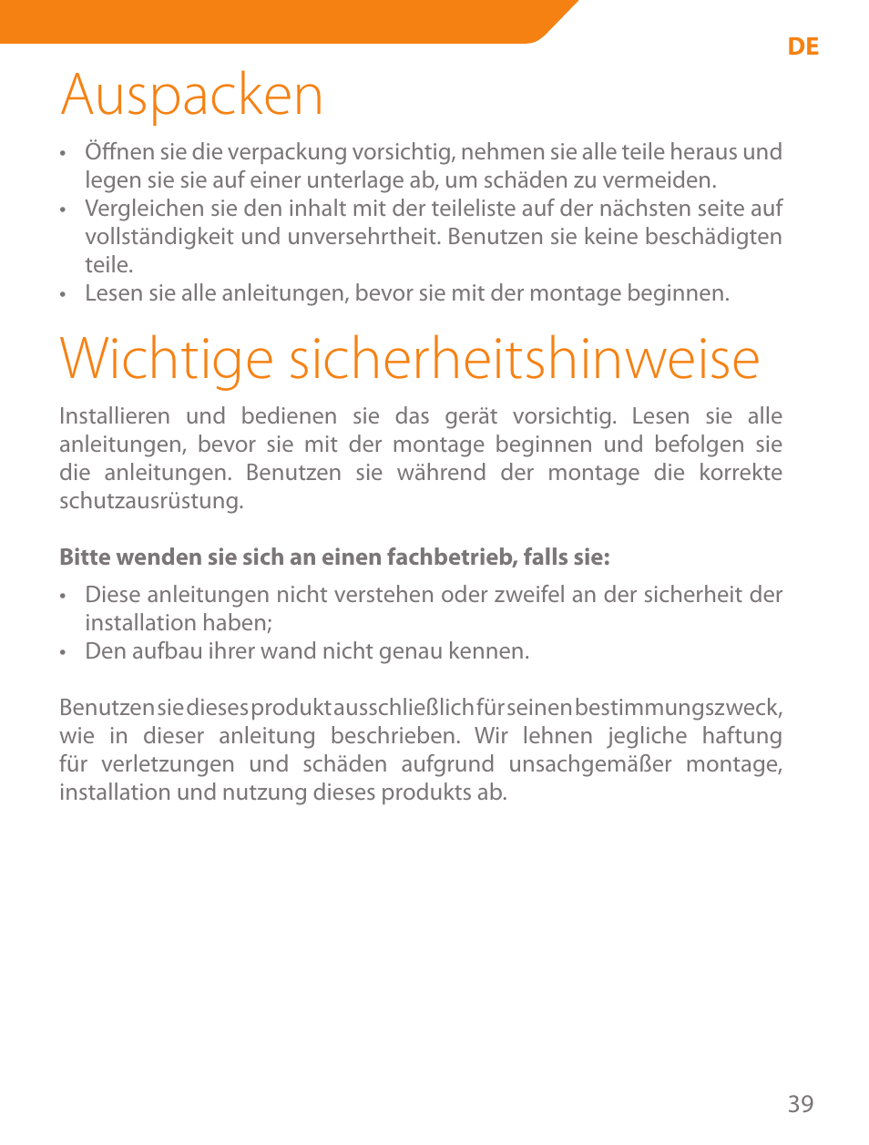 Auspacken, Wichtige sicherheitshinweise | Acme PLB103B User Manual | Page 39 / 102